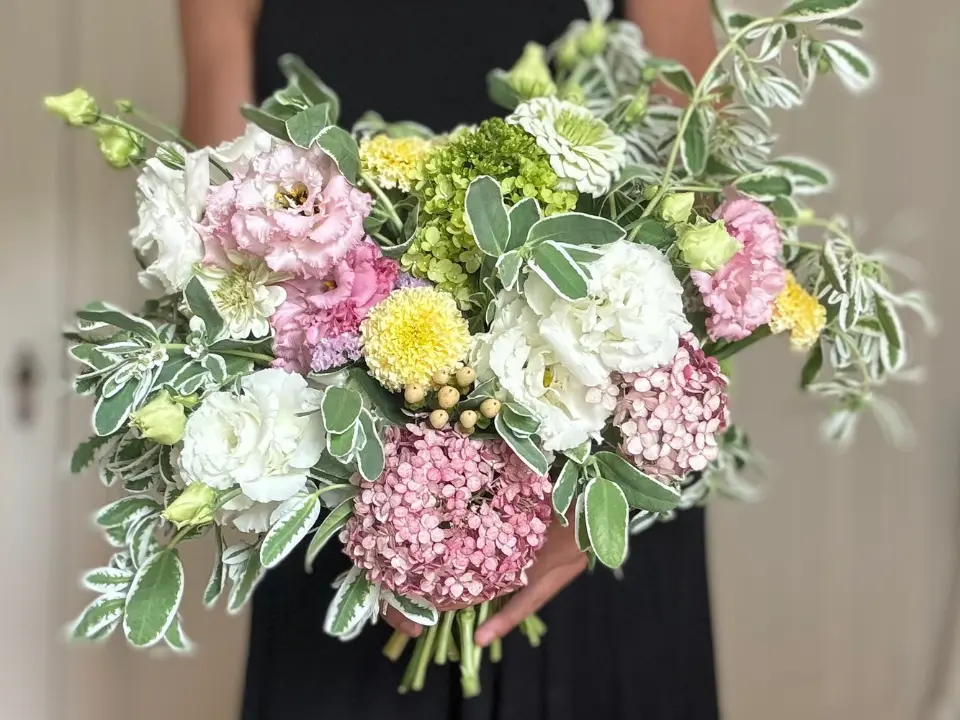 Seasonal Bouquet with white, pink and yellow flowers