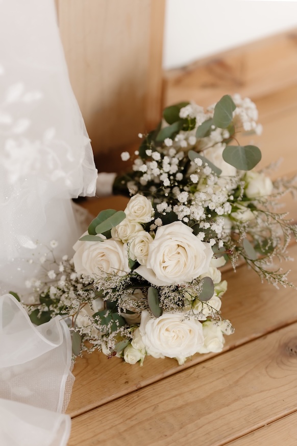 White and green florals up close from a wedding by Winters Farm Florals